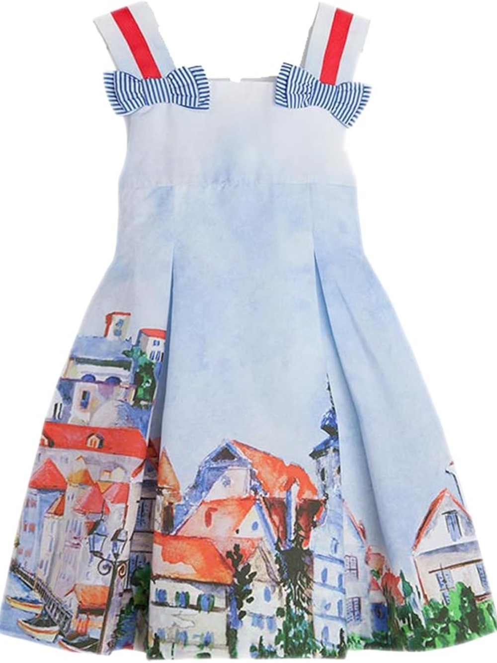 Mayoral Light Blue Scenic Print Dress with Red-Trim Straps